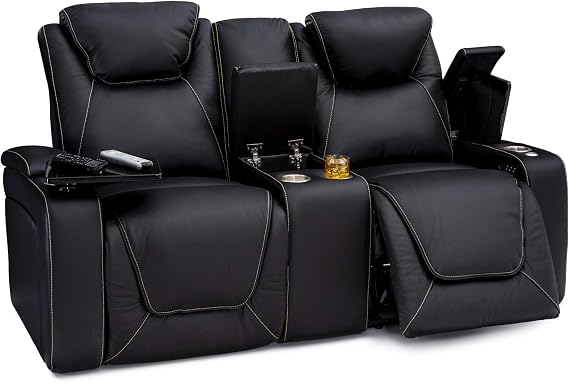 Seatcraft Vienna Home Theater Seating Black Loveseat with Storage | Italian Leather, Powered Headrest & Lumbar, Power Recline, USB-A charging, Storage Console