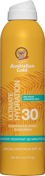 Australian Gold Continuous Spray Sunscreen SPF 30, 6 Ounce Dries Fast Broad Spectrum Water Resistant Non-Greasy Oxybenzone Free Cruelty Free