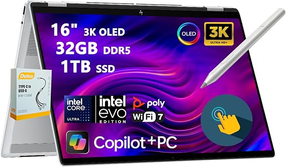 HP OmniBook 7 Flip 16 2-in-1 Professional AI Laptop | 16" 3K OLED Touch | Intel Core Ultra 7 258V | 32GB DDR5 1TB SSD | Rechargeable Pen Wi-Fi 7 Thunderbolt 4 Win11 w/DLCA Accessory