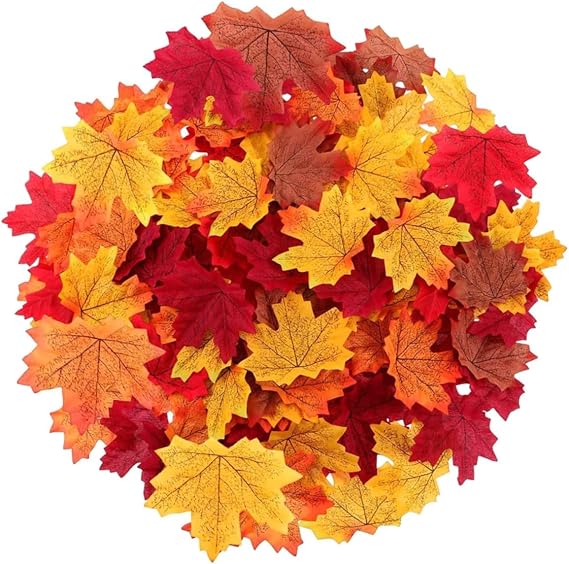 Autumn Leaves - 200Pcs Mixed Artificial Fall Colored Maple Leaf for Weddings, Events, Art Scrapbooking and Thanksgiving Day Decorations