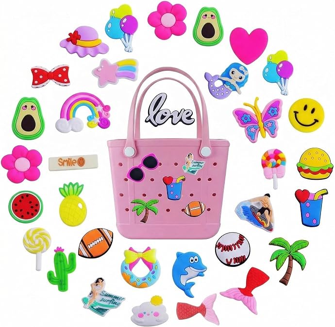 Bogg Bag Charms for Women 30pcs Bog Bag Accessories Letters Flowers Baseball Sport Beach Heart Butterfly Jibbitz Charms for Bogg Bags Tote Beach Bags
