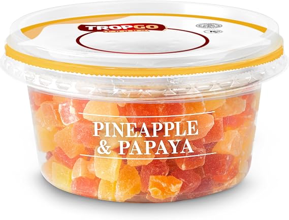 Tropgo Pineapple & Papaya 200g - Diced Fruit Snacks in Resealable and Recyclable Tub - Non-GMO, Fat-Free, Additives Free - Healthy Snacks for Kids and Adults