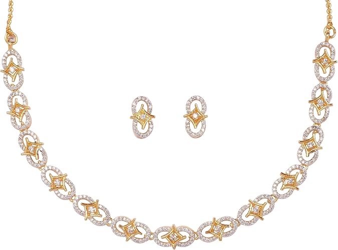 Sunsoul By Touchstone Indian Bollywood Handcrafted Pretty Modern Studded Diamond Look Quality Cubic Zirconia CZs Designer Jewelry Delicate Necklace Set In Two Tones For Women.