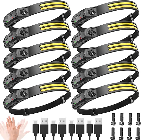 New LED Headlamp Rechargeable, 230 COB Super Bright Head Lights for Forehead, 6Mode Hard Hat Light for Adults, USB C Headband Flashlight for Work, Hiking, Running, Camping (10Pack)