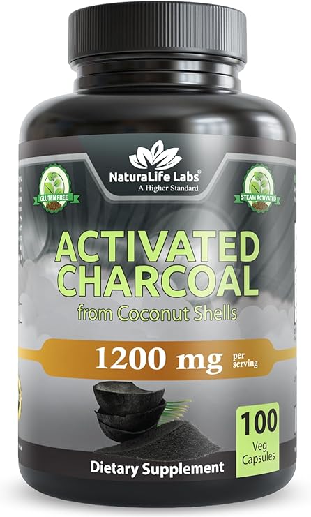 NaturaLife Labs Activated Charcoal 1200 mg per Serving from Coconut Shells 100 Veg Capsules Non-GMO, Gluten-Free, Vegan