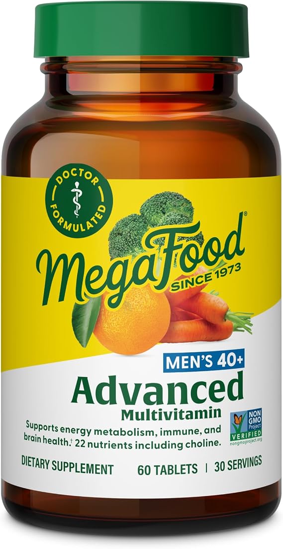 MegaFood Advanced Multivitamin for Men 40+ Doctor Formulated, 60 Tablets | Immune Support, Cellular Energy, Prostate & Brain Health, Choline, Methylfolate Vitamin C, D3, Zinc, Vegetarian, 30 Servings