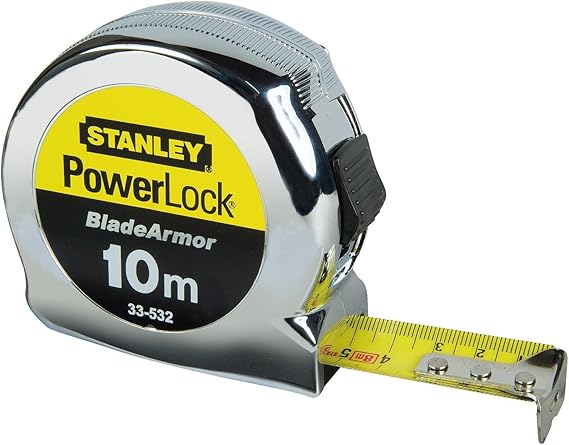 Stanley Bandmaß Micro Powerlock (10 m Länge Feststeller Rücklauf Gürtelclip verchromt Mylar-Schutzschicht) 0-33-532