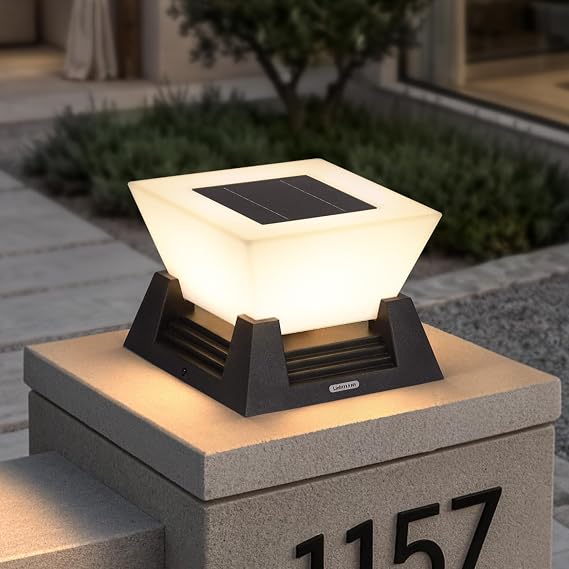 Solar Post Lights, 11'' Pillar Light, 3000K Outdoor Column Lights | Waterproof Dusk to Dawn Fence Column Lantern, Post Cap Lamp Outdoor Lighting for Patio Garden Driveway Deck Yard