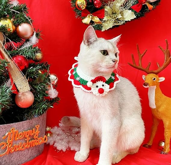 Abbie Home Handmade Cat Collar for New Year, Knitted Scarf for Kittens and Small Dogs Hand-Woven Collar for Winter Halloween Christmas New Year (Santa, Small)