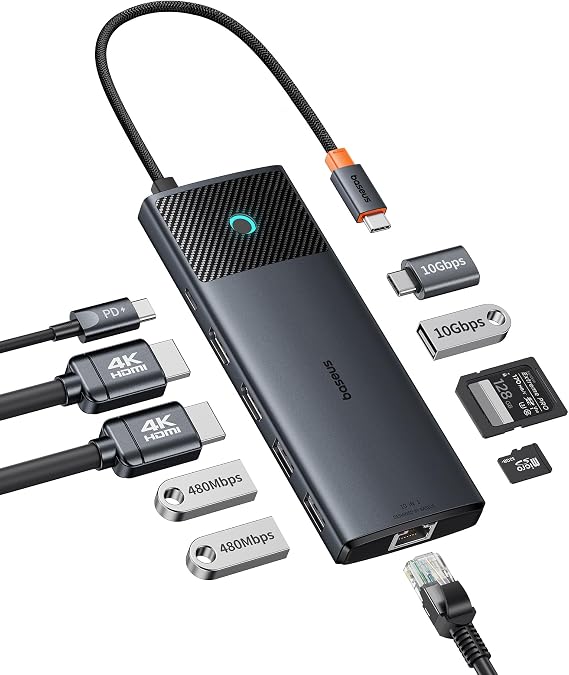 Baseus Docking Station Dual Monitor 10Gbps 10 in 1 USB C Hub with 2 HDMI | Single 4K@120Hz, Dual 4K@ 60Hz, 10Gbps USB C and USB A, Gigabit Ethernet, PD 100W, SD/TF for iPhone 17/Mac/Dell/HP/Lenovo