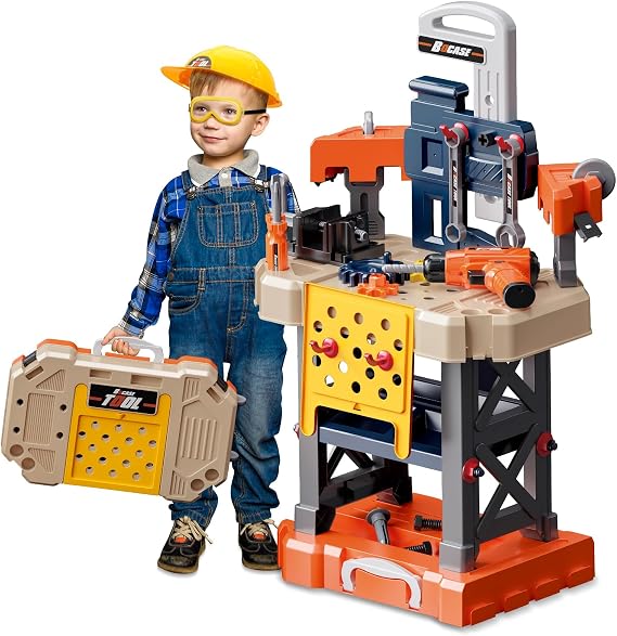 Kids Tool Bench with Power Drill and Realistic Tools Accessories | 3-in-1 Toy Workbench, Toolbox and Storage Trolley Case, 78 Piece Toddler Tool Bench Set for Kids Ages 3 4 5 6 7