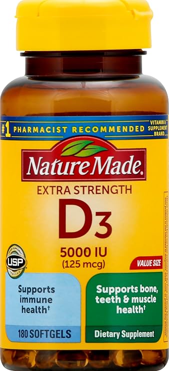 Extra Strength Vitamin D3 5000 IU (125 mcg), 180 Softgels Value Size, High Potency Vitamin D Helps Support Immune Health, Strong Bones and Teeth, Muscle Function
