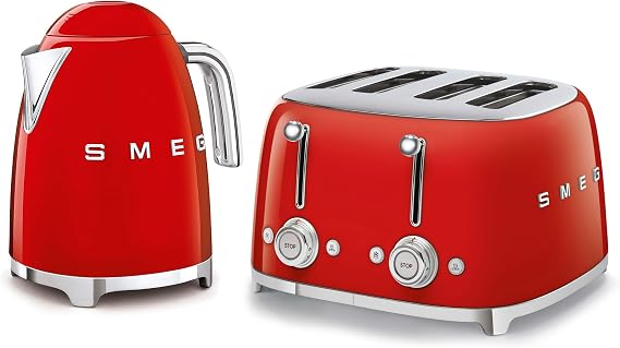 Smeg 50’s Style Retro Range Breakfast Set, 1.7L 3000W Kettle and Multi-Functional Control 4-Slice 2000W Toaster, Red, KLF03RDUK/ TSF03RDUK