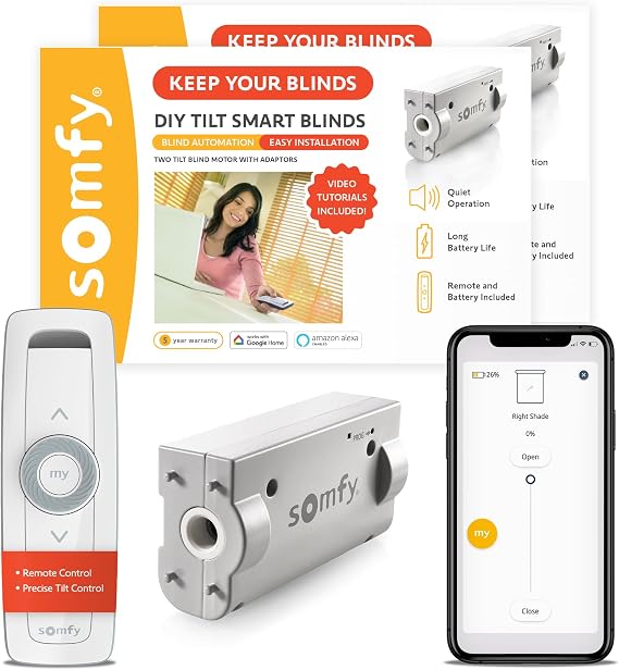 Somfy Clever Tilt Blind Motor Kit 2 Pack - Fits Your Existing 2" Horizontal Blinds - Smart Blinds for Security, Glare, Natural Light - Automatic Blinds Opener - Includes Remote, Motor, and Charger