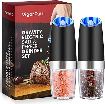 Electric Salt and Pepper Grinder Set, Adjustable Coarseness, Battery-Powered with LED Light, Automatic salt and pepper grinder set with Gravity Technology, stainless steel Black