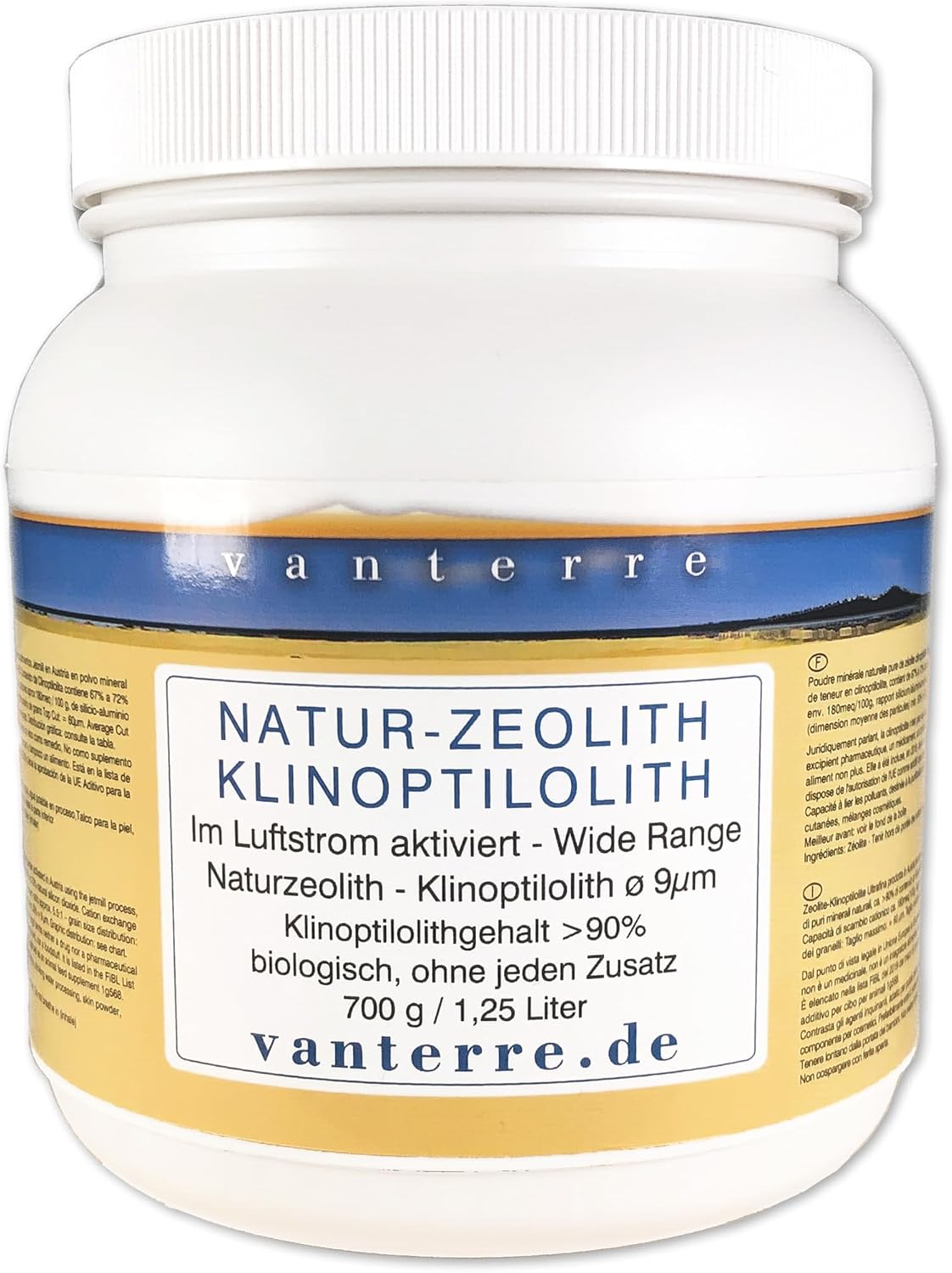 - v a n t e r r e - 700 g / 1.25 litres Premium Natural Zeolite Clinoptilolite Powder ø 9 µm Jetmill Grinding Tribomechanically Micronised and Double Thermally Activated