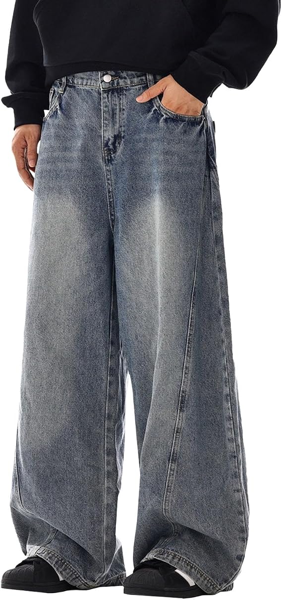Mens Baggy Jeans Y2k Wide Leg Loose Fit Jeans Streetwear Denim Washed Hip Hop Pants