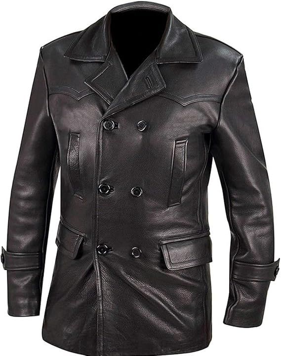 Mens German WW2 Uniform Navy U-Boat Classic Officer Submarine Military Black Genuine Leather Jacket Coat