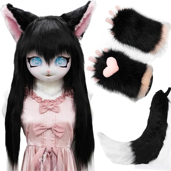 Fursuit Animal Head Set, Furry Anime Style Hood With Tail And Gloves, Wearable Hood Party Headgear