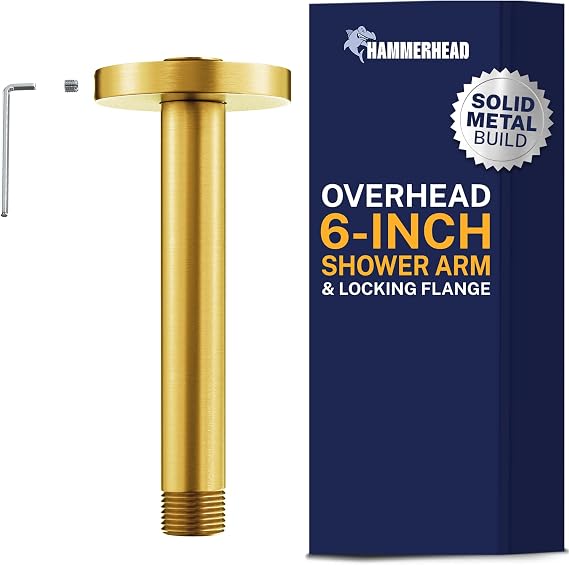 HammerHead Showers Solid Metal 6 Inch Ceiling Mount Shower Arm and Flange with Set Screw, Straight Shower Arm for Rain Shower Head, Ceiling-Mounted Rain Shower Arm, Brushed Gold