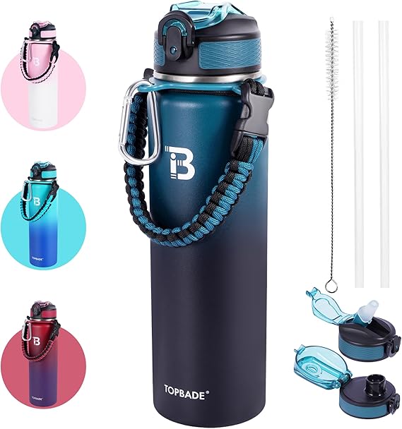 TOPBADE 32oz Insulated Water Bottle with Straw Lid & Spout Lid & Paracord Handle, Stainless Steel Water Bottle Wide Mouth, Double Wall for Women Men Gym Fitness Outdoor