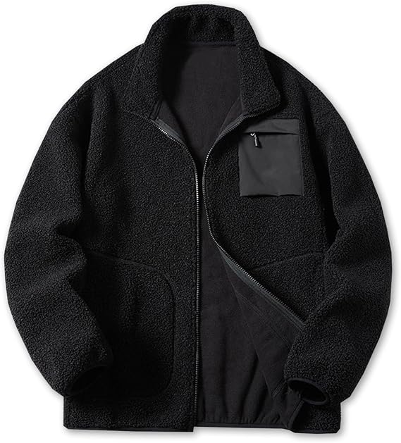 Cromoncent Men's Full-Zip Polar Fleece Warm Jacket with Pockets, Black, Medium