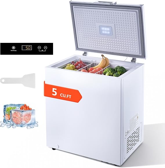 VEVOR Chest Freezer, 5 Cu.ft Compact Deep Freezer, Free Standing Top Open Door Chest Freezers with 2 Removable Baskets & Adjustable Thermostat - Energy Saving, Low Noise & Garage Ready, White