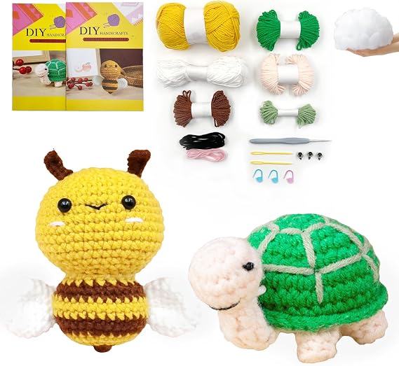 SNAIL GARDEN Turtle & Bee Crochet Kit, Crochet Material Kit,Animal Crochet Kits for Beginners Adults Kids,2 PCS DIY Crochet Yarn Kits Crochet Starter Kit with Step-by-Step Video Tutorials
