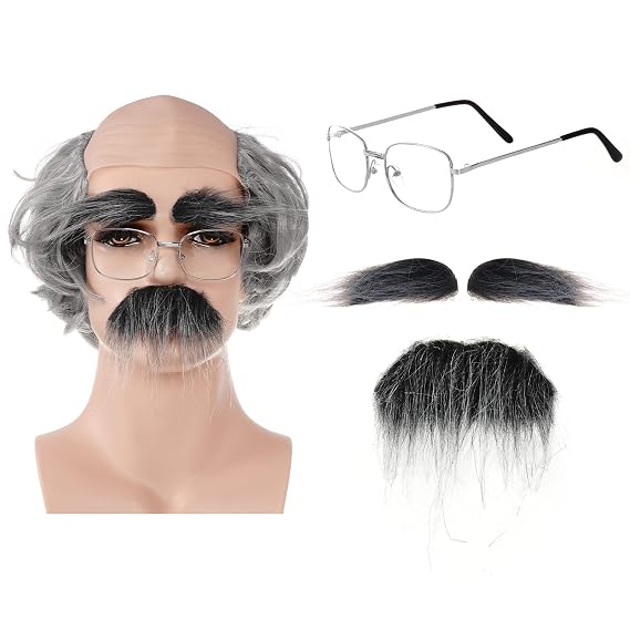 Old Man Wig and Accessories Costume Set Short Grey Bald Cap Grandpa Wig Glasses Funny Mustache Eyebrows for 100 Days of School Halloween Party Man Cosplay (Grey)