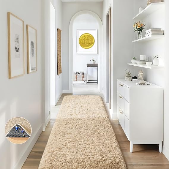 Ophanie 2x8 Runner Rug for Hallway,Upgrade Non-Slip Fluffy Soft Bedside Rugs,Bedroom Living Room Beige Shaggy Carpet for Kids Girls Boys Dorm Nursery Home Decor Aesthetic with Over 99 pcs Pile fibers