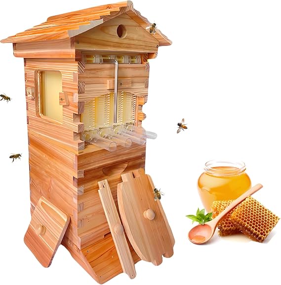Golden Palace Style Self-Flow Hive Beehive, Vertical Wooden Beehive with 4 Frames & 6 Honeycomb Trays, Auto Flowing Honey Harvesting Beekeeping Kit for Beginners & Professional Beekeepers