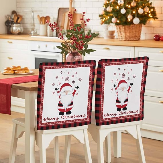 4 Pack Merry Christmas Chair Back Cover for Dining Room Gnome Elf Santa Claus Check Plaid Border Removable Back Chair Slipcovers Washable Dining Seat Protector for Holiday Party Weeding Banquet