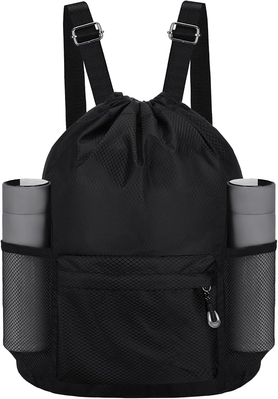 Waterproof Drawstring Bag, Lightweight String Backpack with Water Bottle Holder and Pockets, Gym Sports Cinch Sackpack (Black)