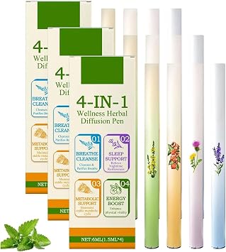 4Pcs/Box Herbal Diffuser Pen, Aromatherapy Inhaler Stick, Dual-Action Herbal Purifier Pens, Portable Vaporless Fum Inhaler for Cleanse,Breathing Aid & Oral Freshening, All-Natural Botanicals 3Box