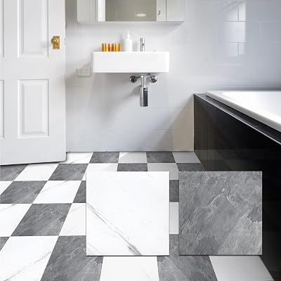 Yipscazo 32-Pack Peel and Stick Floor Tiles, 12 x 12 Stone & Jazz White Vinyl Flooring, Waterproof Self Adhesive Tile for Bathroom, Kitchen, RV, DIY Renovation