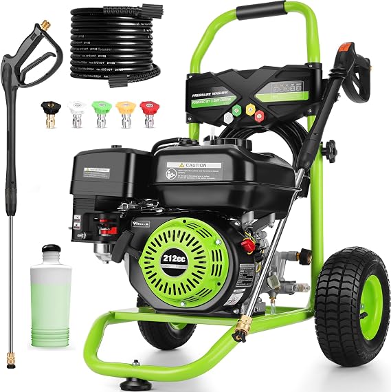 Professional 4200PSI 4GPM 212CC Gas Exterior Cleaner, 7.0HP Commercial Washing Machine with 1L Foam Bottle 9" Wheels 5 Nozzles 25FT Hose for Home Car Driveway Yard (EPA/CARB/ETL Compliant), Green