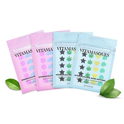 Vitamasques Acne Patch Face Mask Set, 4-Pack - Hydrocolloid Patches 80 Count Salicylic & Tea Tree, Salicylic & Niacinamide - Korean Skin Care - Reduce Oil Build-Up for Blackheads