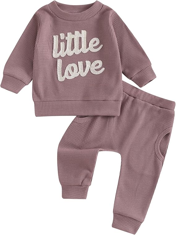 Baby Girl Boy Fall Clothes Cute Letter Embroidery Long Sleeve Sweatshirt Pants Set Toddler 2Pcs Waffle Knit Outfit