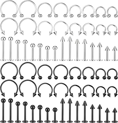64 PCS Jewelry Lip Barbell Ring Lip Rings Vertical Labret Medusa Snake Bite Earring Piercing Jewelry Helix Earring Daith Tragus Cartilage Studs Steel for Women Men