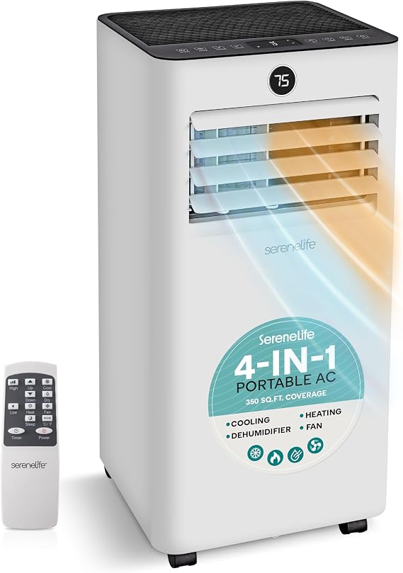 SereneLife 8000 BTU Portable Air Conditioner with Heat, Compact 4-in-1 Portable AC & Heater for Room Up to 350 Sq Ft with Dehumidifier & Fan Function, Remote Control, Window Mount Kit, 13" x 11" x 26"