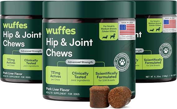 Wuffes Chewable Dog Hip & Joint Supplement - Glucosamine & Chondroitin Chews - Dog Joint Supplements & Vitamins - Extended Joint Care (Small&Medium Breeds (0-65 lbs), 180 Chews (Pack of 3))