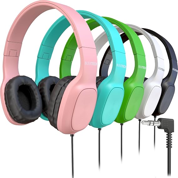 5 Pack Bulk Wired On-Ear Leather Headphones with 3.5mm Connector, Oval Metal Housing, Multi