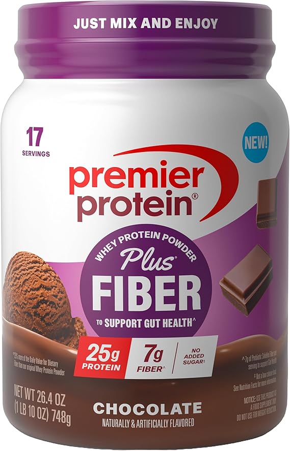 Premier Protein Powder Plus Fiber, Chocolate, 25g Protein, 7g Fiber to Support Gut Health, No Added Sugar (17 Servings)