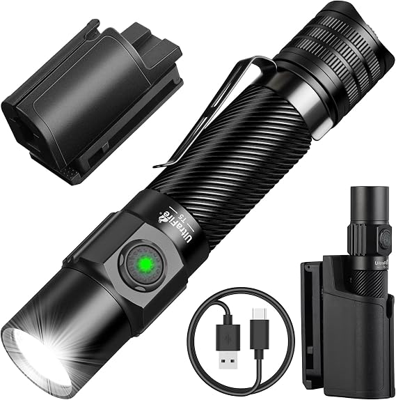 ULTRAFIRE Duty Tactical Flashlight 1800 Lumens with Belt Holster, Rechargeable LED Flashlight for Police, Law Enforcement, Security Guard Dual Switch, Turbo/Strobe Modes, IP68 Waterproof