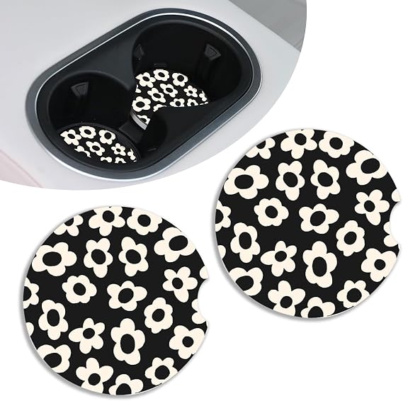 BelleVive 2-Pack Absorbent Car Coasters for Cup Holders, Ceramic Stone with Scratch-Resistant Cork Base, Easy Movement of Car Cup Holders, Featuring a Finger Notch for Women Men