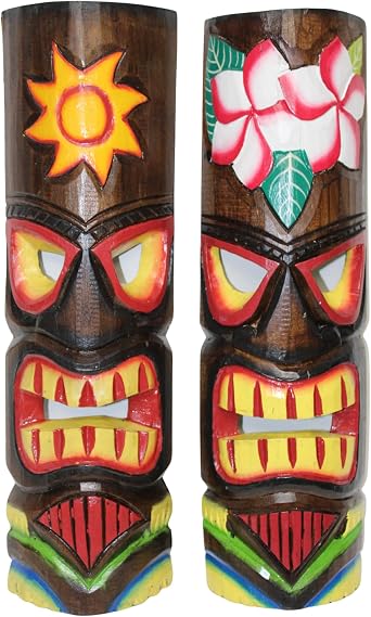 WorldBazzar 20" SET OF 2 HANDMADE TIKI MASK leaf pina colada HAWAIIAN POLYNESIAN WALL ART TRIBAL BAR TROPICAL
