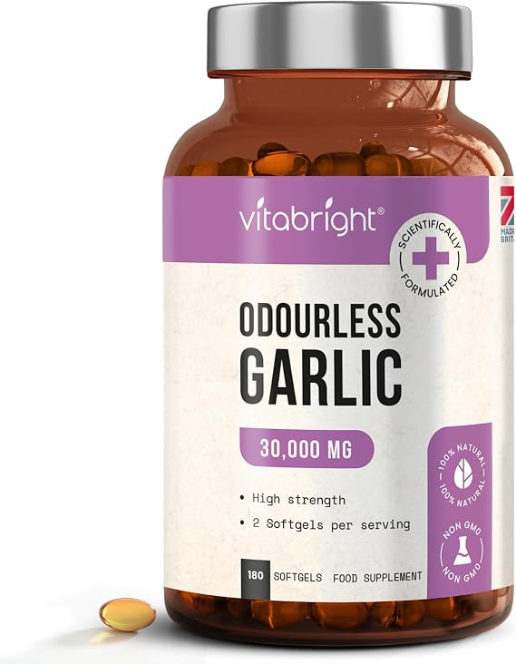 VitaBright Odourless Garlic Capsules High Strength | 30,000mg | 180 Capsules | 2 A Day | Garlic Tablets for Adults | Odourless Extract Supplement | High Allicin Pearls for Women & Men