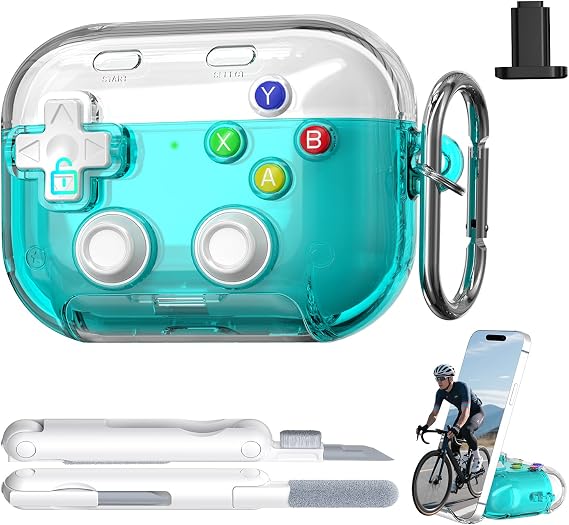 AirPods Pro 3 Case with Safety Lock Game Controller Design, Clear Green | Compatible with Apple AirPods Pro 3 Case with Phone Stand Cleaner Kit & Lanyard, Shockproof, Soft TPU