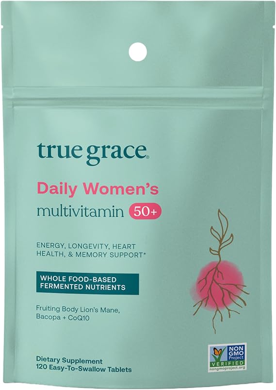 True Grace Daily Womens Multivitamin 50+ 120 Easy-to-Swallow Tablets - Immune, Energy, Longevity & Memory Support - Vegan - Gluten, Soy & Iron Free - 60 Servings