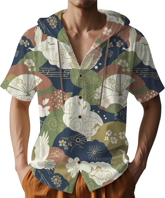 Japanese Print Hawaiian Shirt for Men Summer Casual Hooded Button Down Tops Loose Short Sleeve Shirts Lightweight